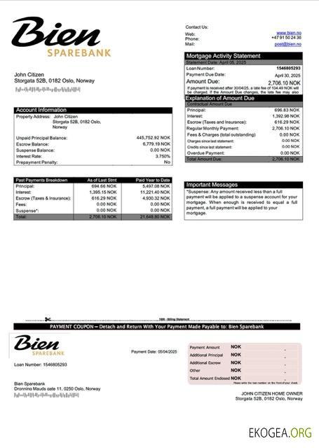 Norvège Bien Sparebank relevé hypothécaire Modèle Word et PDF